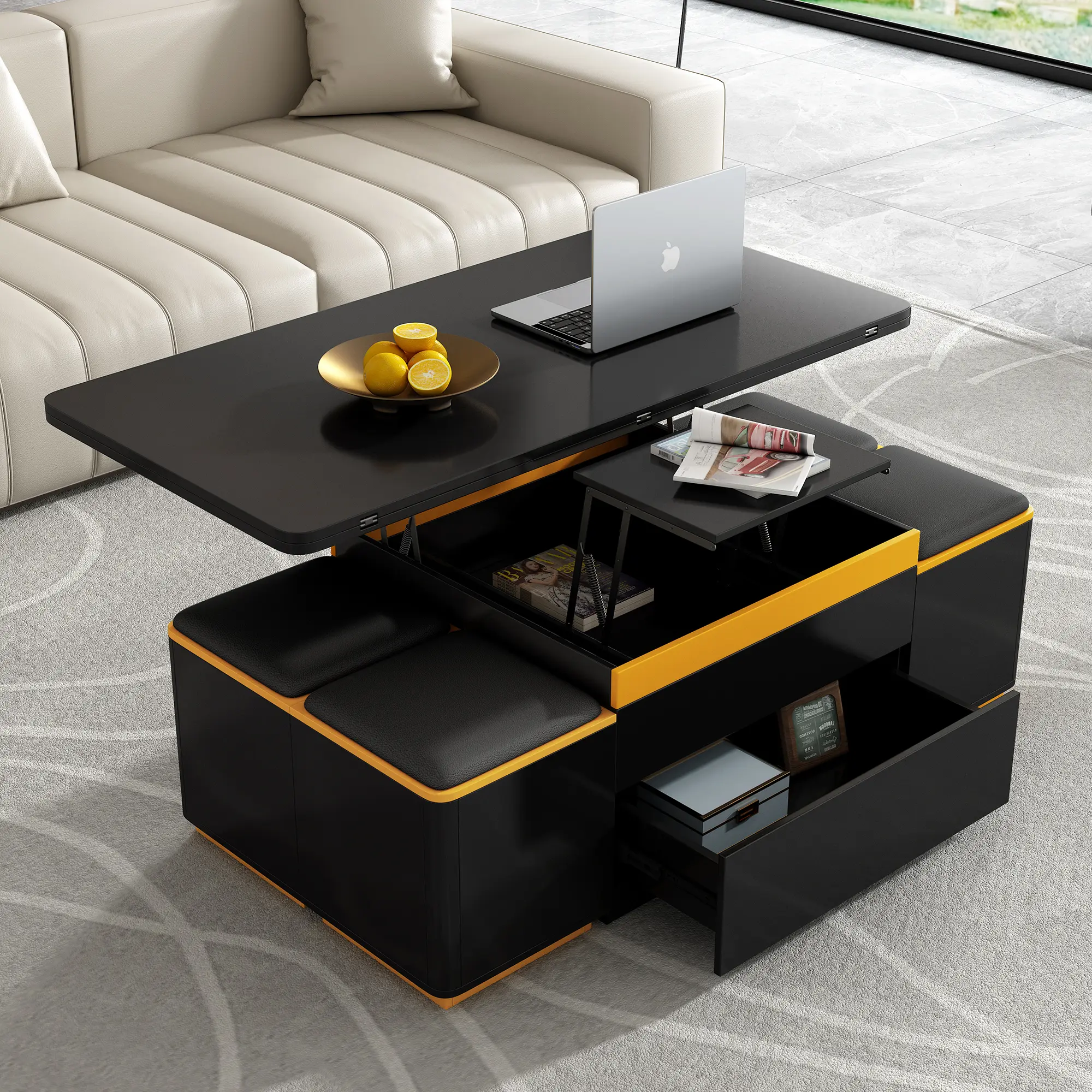Lift-Top Coffee Table with 4 Storage Stools, Modern Space Saving Center Table with Foldable Top, Multi-Functional Adjustable Coffee Table for Living Room