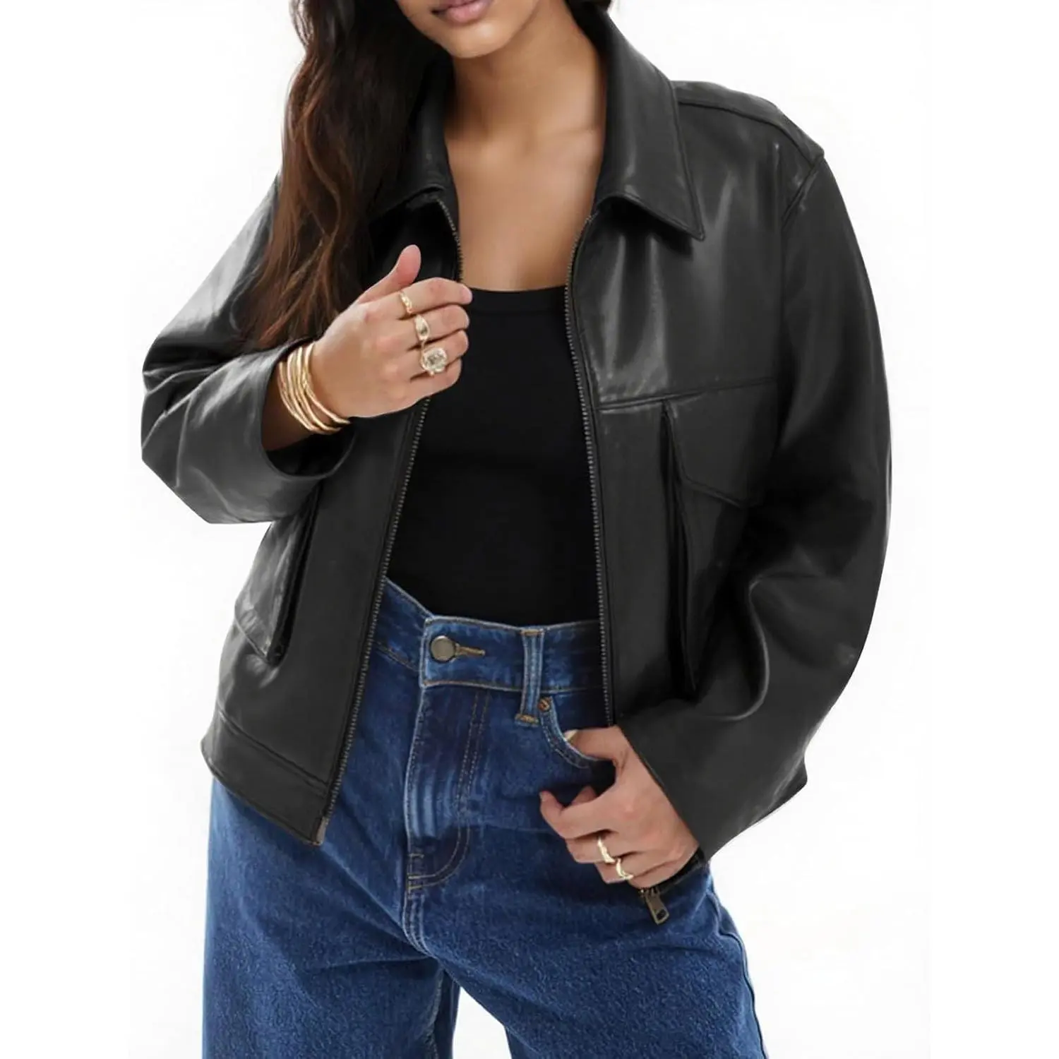 Women's Faux Leather Motorcycle Jacket 2025 Trendy Pockets Bomber Zip Up Cropped Jackets Coat Outerwear Womenswear Tops Long Sleeve Casual Zippers Basic Black Minimalist