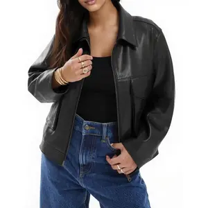 Women's Faux Leather Motorcycle Jacket 2025 Trendy Pockets Bomber Zip Up Cropped Jackets Coat Outerwear Womenswear Tops Long Sleeve Casual Zippers Basic Black Minimalist