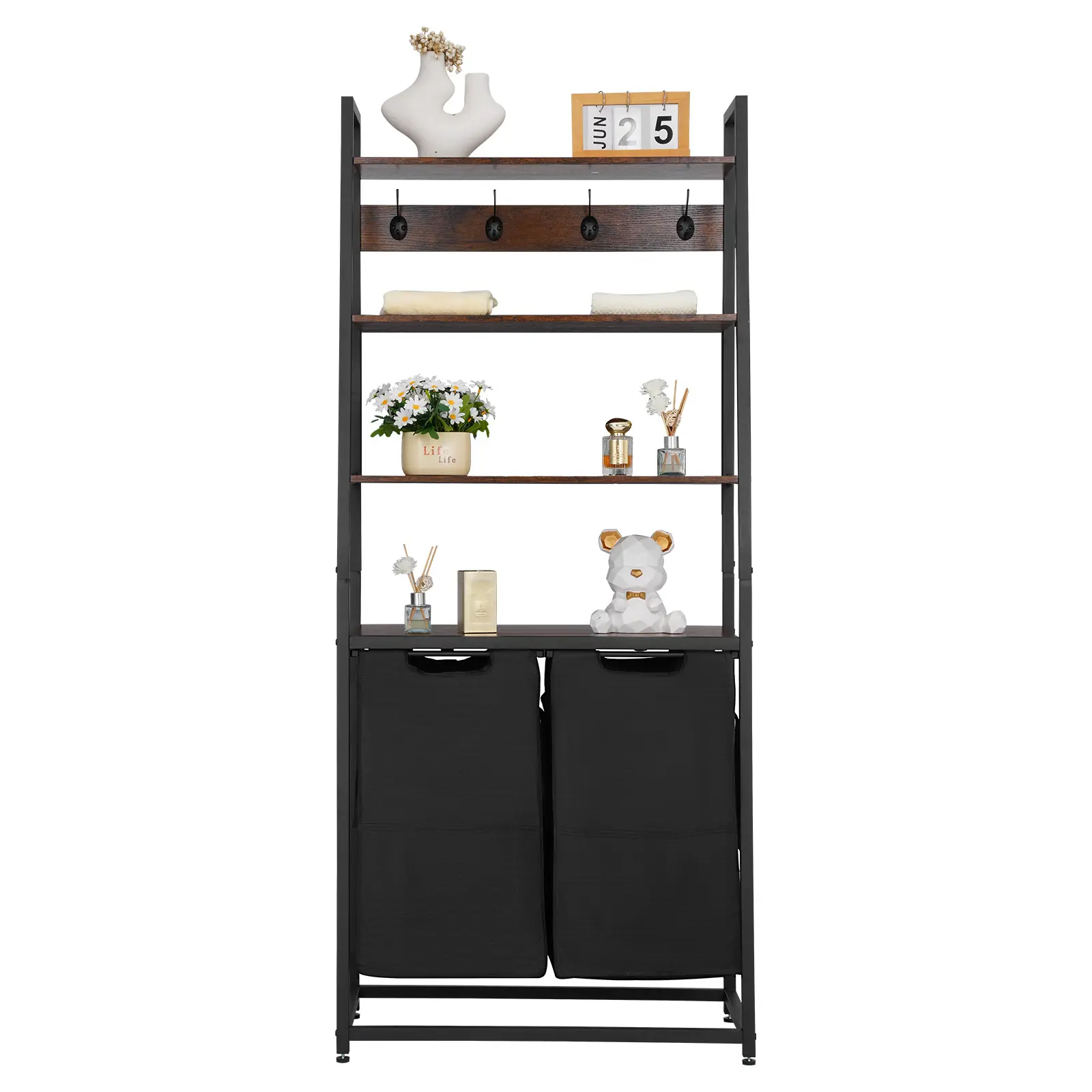 【summerfinds】VEVOR 4-Tier  Large Laundry Hamper, 2-Section Freestanding Sorter with 600D Oxford Cloth Bags, Ladder Shelves, Hooks, Organizer for Dirty Clothes, Bathroom, Laundry Basket, Large Laundry Hampers