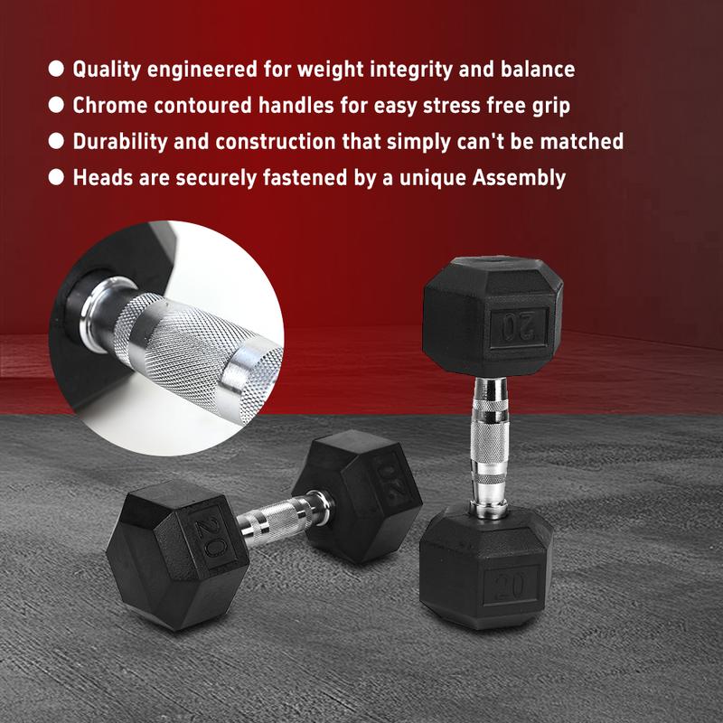 A4A 20LB×2piece HDRS  Rubber Coated Solid Cast Iron Dumbbell with Contoured Chrome Handle, Hexagon Head