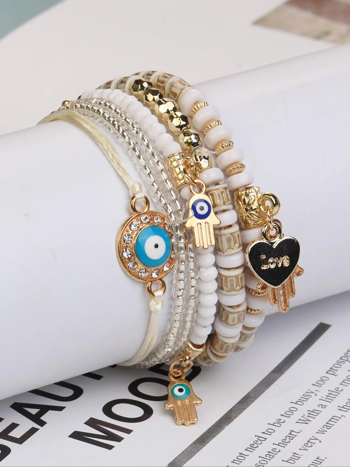 Evil Eye Bracelet & Heart & Hand Charm Elegant Jewelry Bracelet for Women, Stackable Bracelet, 6pcs Vintage Boho Mexican Matching High Quality Rhinest
