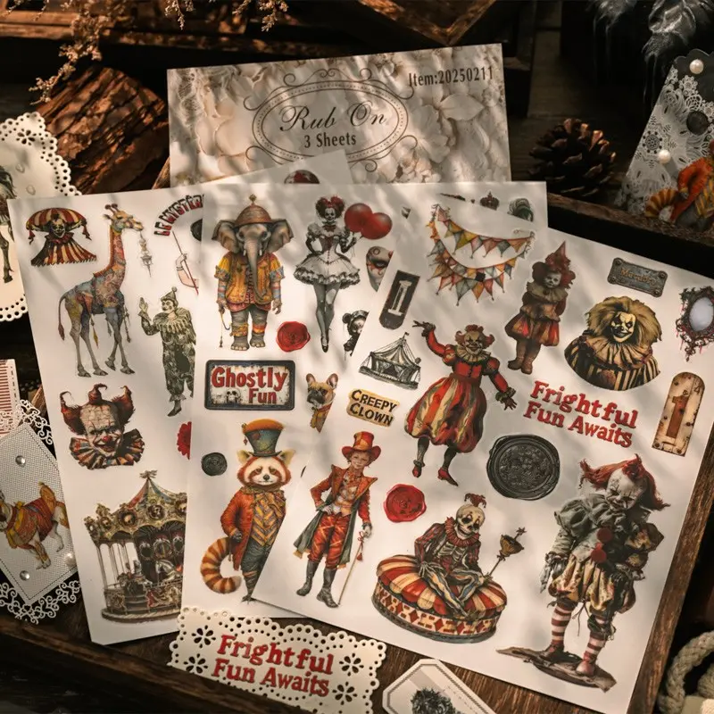 3 Gothic Evil Joker Circus Halloween Stickers, Transfer Paper Stickers for Scrapbooks, Bullet Journals, Gift Cards, Packaging Decorations