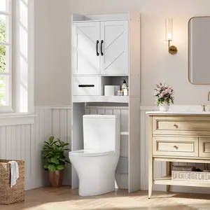 Over the Toilet Storage Cabinet with Barn Doors, Toilet Paper Holder, Adjustable Shelves, Anti-Tip Device, and Open Shelf