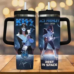 Ace Frehley 40oz Insulated Tumbler With Handle, Ace Frehley Tribute Cup, Rest in Space Design, Mug For KISS Fans, Vintage Psychedelic Music Fan Cup, Rock Legend Artwork Stainless Steel Tumbler, Gift For Classic Rock Lovers, Musician Fan Drinkware