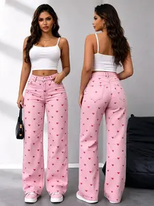 Plus Size High Waist Heart Wide Leg Pink Jeans, Stretchy Loose Fit Denim Jeans, Sweet Cool Style, Hip Hiding Slimming Tall Boosting Pants