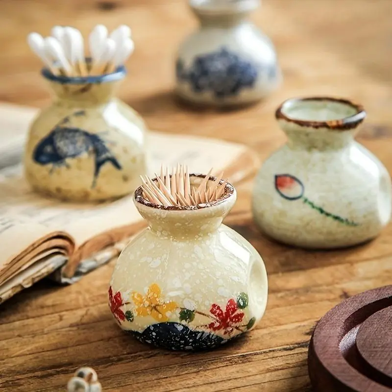 Vintage Ceramic Toothpick Holder, 1 Count Fish/Flower Pattern Toothpick Storage Jar, Toothpick Organizer, Kitchen Organizers for Home Kitchen Organization Restaurant Coffee Shop