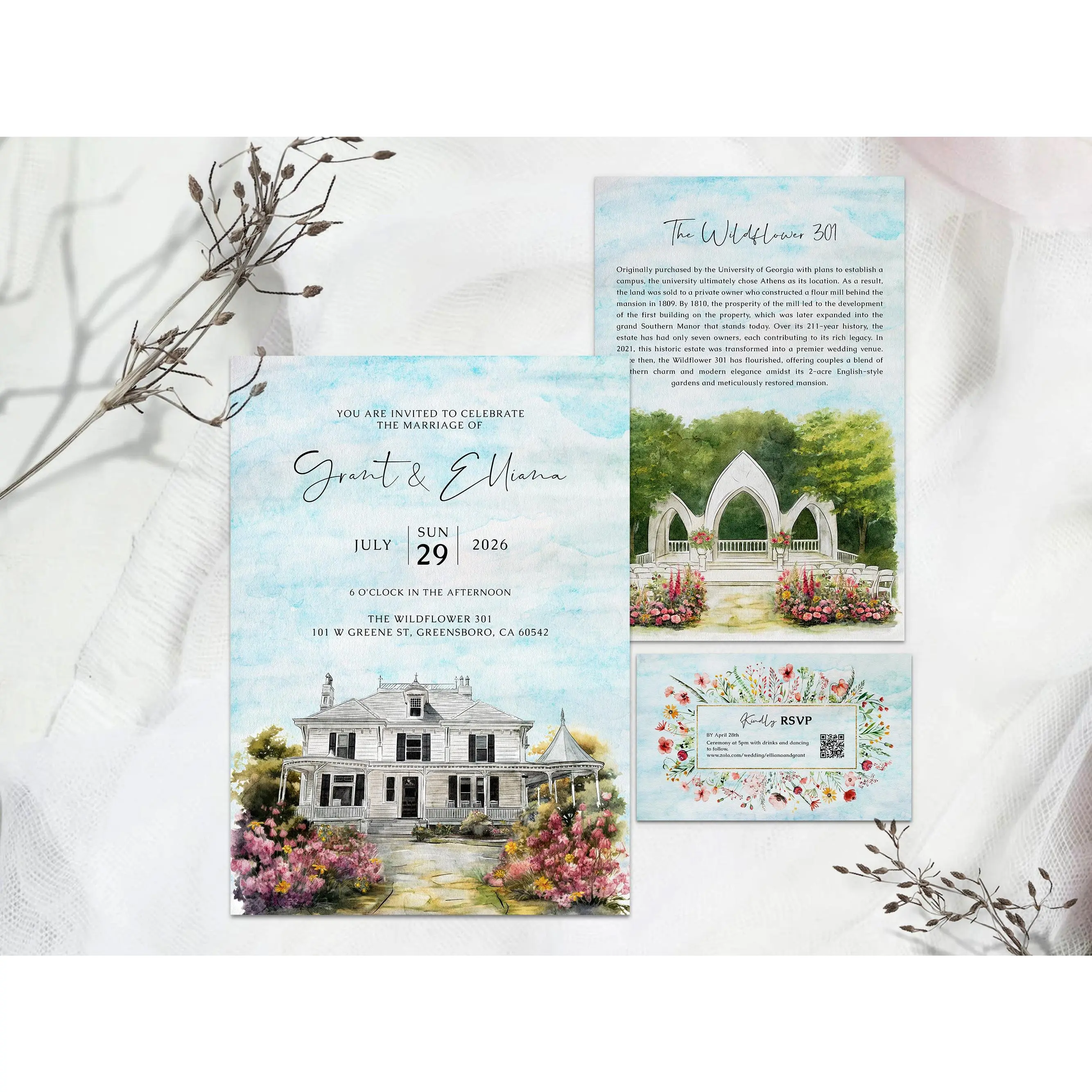 Custom Watercolor Wedding Invitations with Venue Illustration – Hand-Painted from Your Photo, Digital File or Printed Invitation Suite with RSVP Card