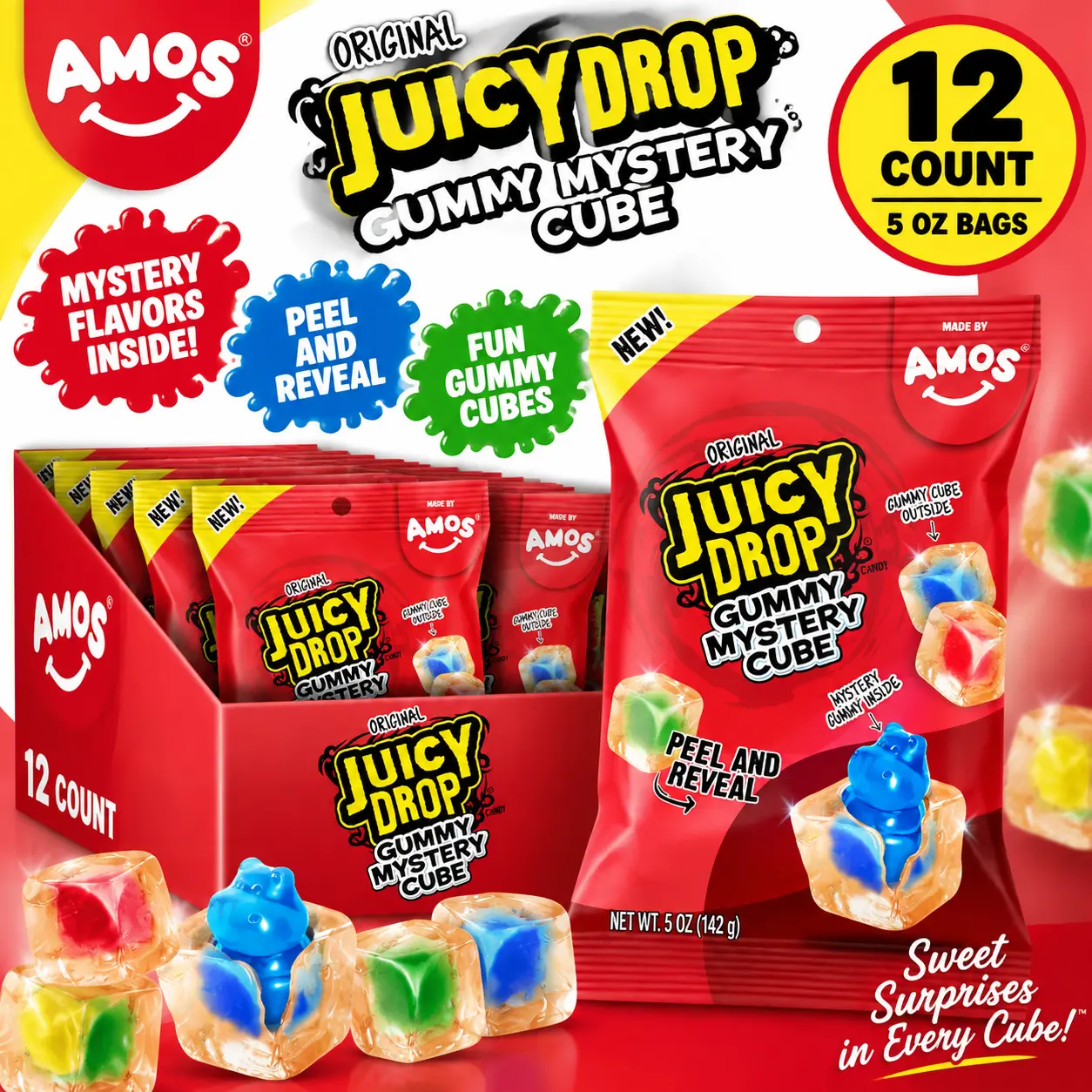 Amos Juicy Drop Mystery Gummy Cubes Original 5 oz 12 Count Sour Gummy Candy