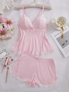 Women's Solid Color Lace Trim Cami Top & Shorts Pyjama Two-piece Set, Casual Comfy Camisole & Shorts PJ Set, Women's Sleepwear for All Seasons, Lingerie