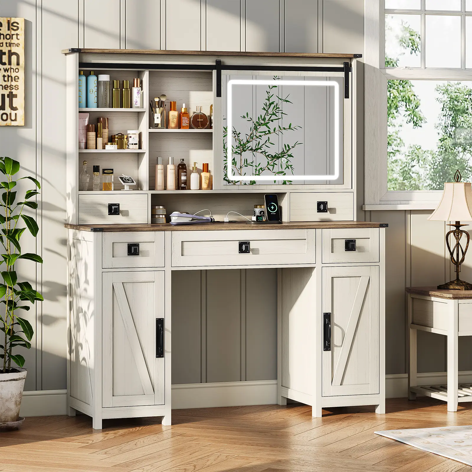 AOGLLATI Farmhouse Makeup Vanity Desk with Lights & Charging Station,Vanity Desk with Mirror and Lights, Large Brown Vanity Table with Ample Storage Space and Sliding Mirror