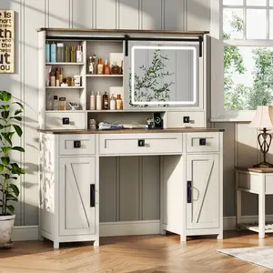 AOGLLATI Farmhouse Makeup Vanity Desk with Lights & Charging Station,Vanity Desk with Mirror and Lights, Large Brown Vanity Table with Ample Storage Space and Sliding Mirror