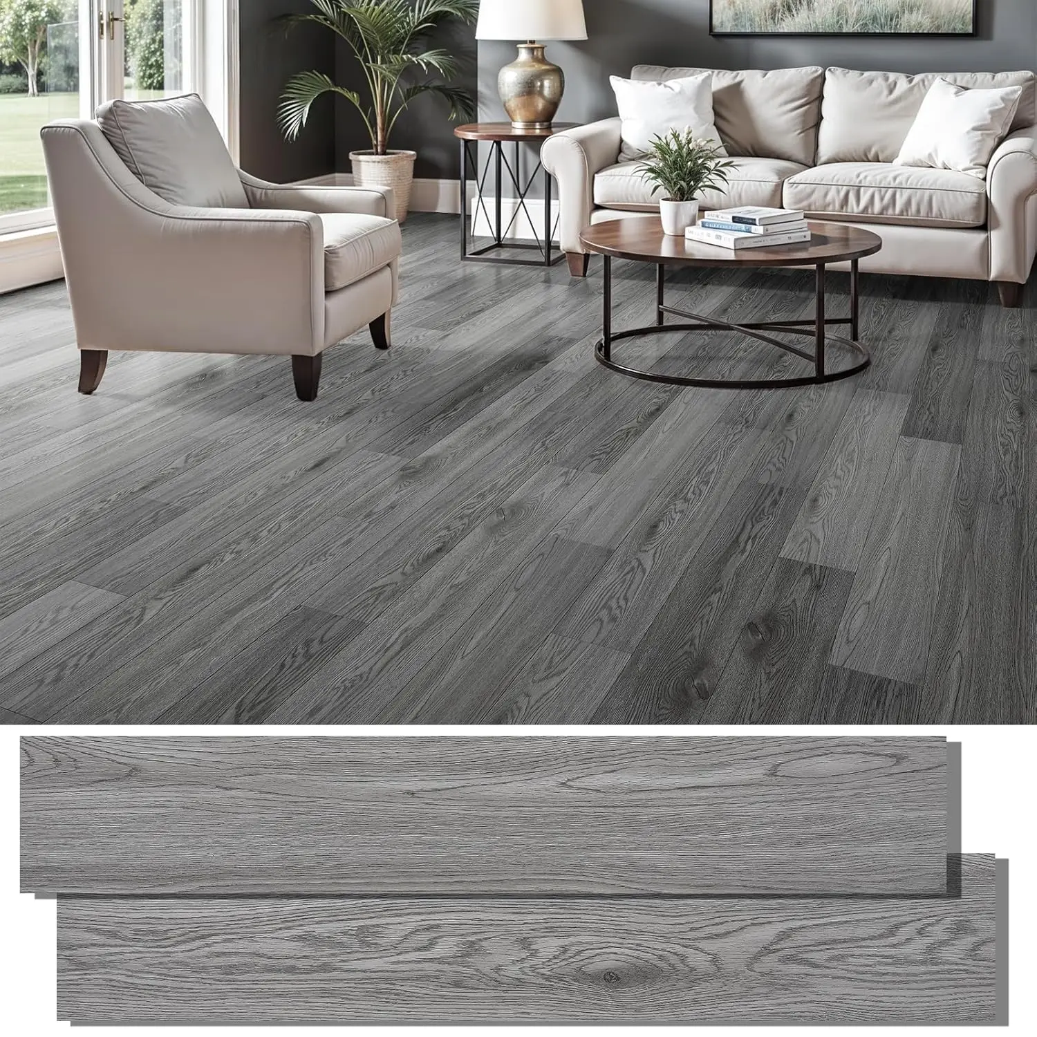 Peel and Stick Floor Tile,  Self Adhesive Vinyl Plank Flooring  Grain Look 36-Pack 54 Sq.Ft Grey  Tile Sticker for Bedroom, Living Room, Kitchen, RV(Slategray)