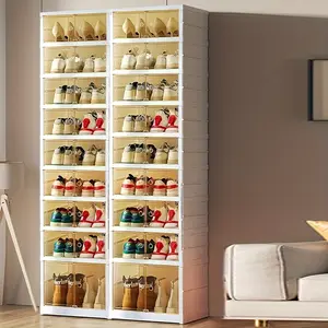 New 9 Tier Foldable Shoe Rack Organizer for Closet 18Pairs Plastic Collapsible Shoe Racks Shelf Stackable Clear Folding Shoes Storage boxes for Small Spaces Narrow Shoe Storage Cabinet A, B,