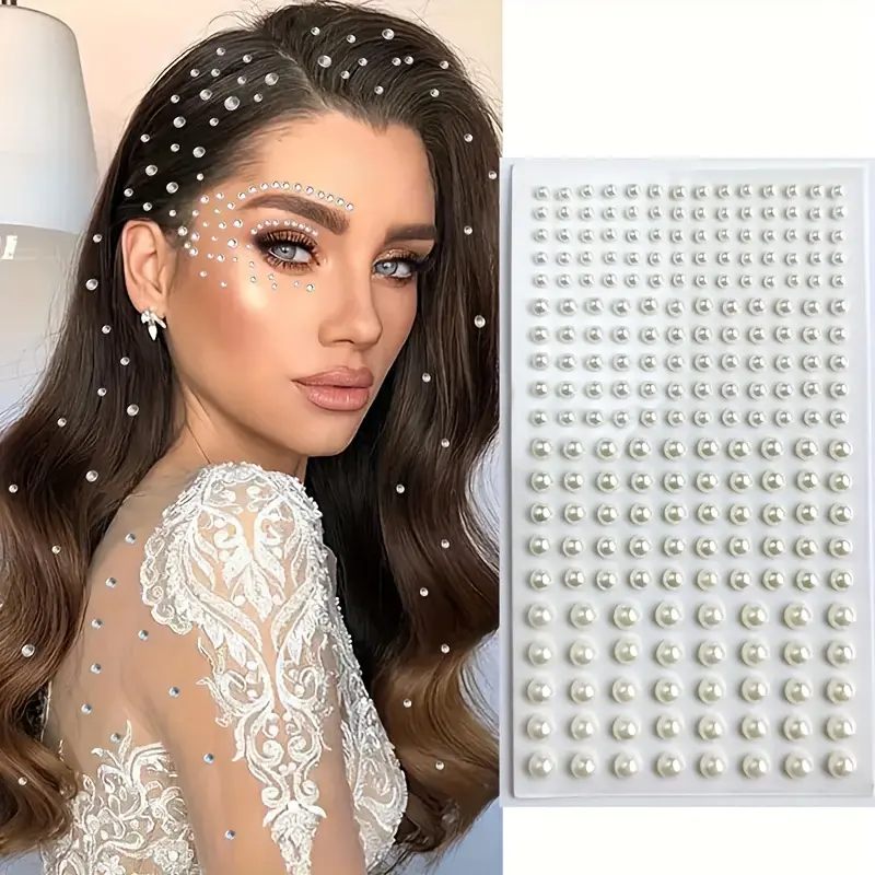 220pcs 3D Faux Pearl Face Decoration, Self-Adhesive Multi-Sized Artificial Pearls, DIY Crafting Creative Hair Accessories Bling Hair, Wedding Hair Decor, Party Decorations Festivals