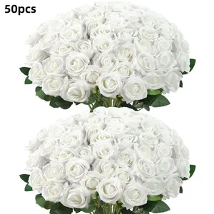 50 artificial roses, long-stem Decorative bouquet, suitable for weddings, parties, floral arrangements, table centerpieces and decorations.