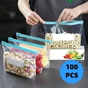 100 large (11.41in * 10.43in * 2.83in) reusable transparent food storage bags - durable plastic, colorful labels, sealed fruit, vegetable, legume, and meal preparation sorting packaging bags, food storage solutions | zipper bags | safe closure, food stora