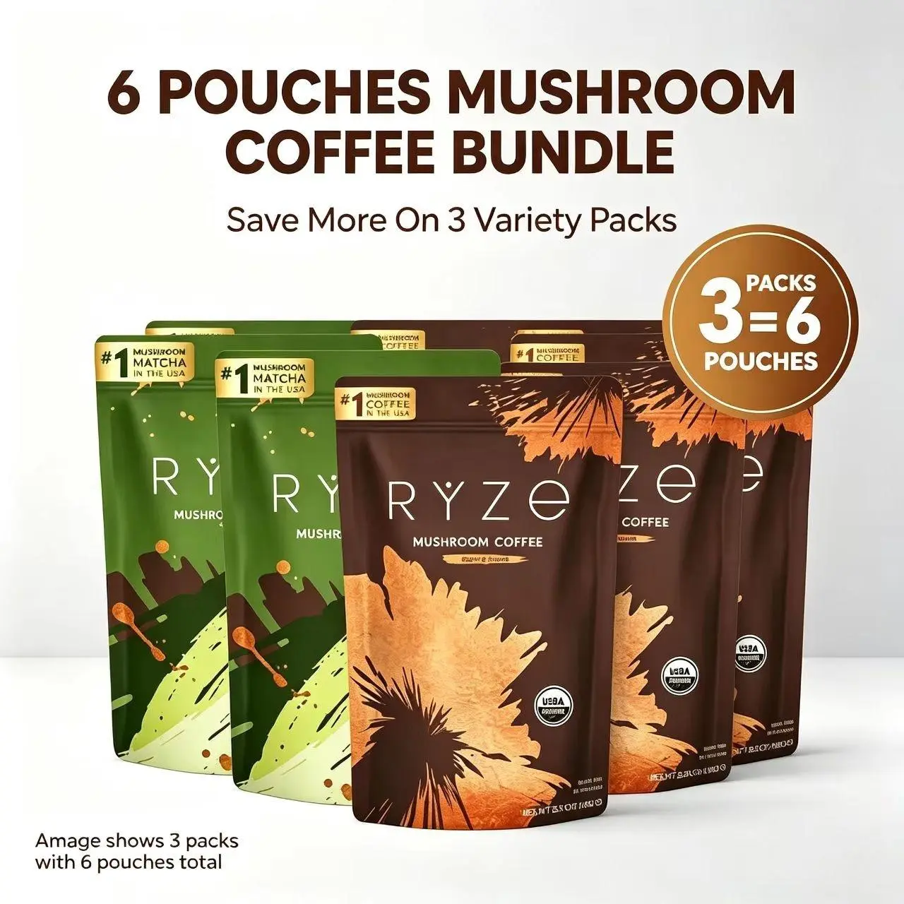 【Bulk 3 Pack Long Term Supply】RYZE SUPERFOODS All Day Energy Bundle | Mushroom Coffee + Matcha with 6 Adaptogenic Mushrooms, USDA Organic, 30+30 Servings for Energy, Focus & Digestion
