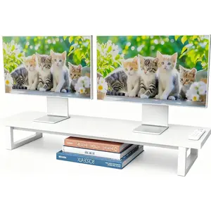 Dual Monitor Stand Riser with 2 USB Charging Ports, Wood Computer Desk Organizer for 2 Monitors, Extra Long TV Stand for Laptop Office, iMac, White