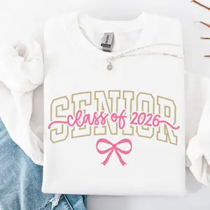 Senior Class of 2026 Graphic Sweatshirt – Cute Bow Design Crewneck Pullover, Trendy Senior Year Outfit & Graduation Gift for High School or College Students