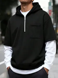 Men's Fashion Two-Piece Casual Hoodie, Loose Fit, Colorblock Design, Simple Versatile, Perfect for Daily Wear, Casual Streetwear