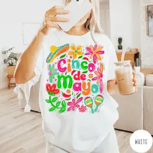 Vintage Cinco De Mayo Graphic Tee, Floral Fiesta Design, Mexican Party Style, Trendy Casual Top for Women