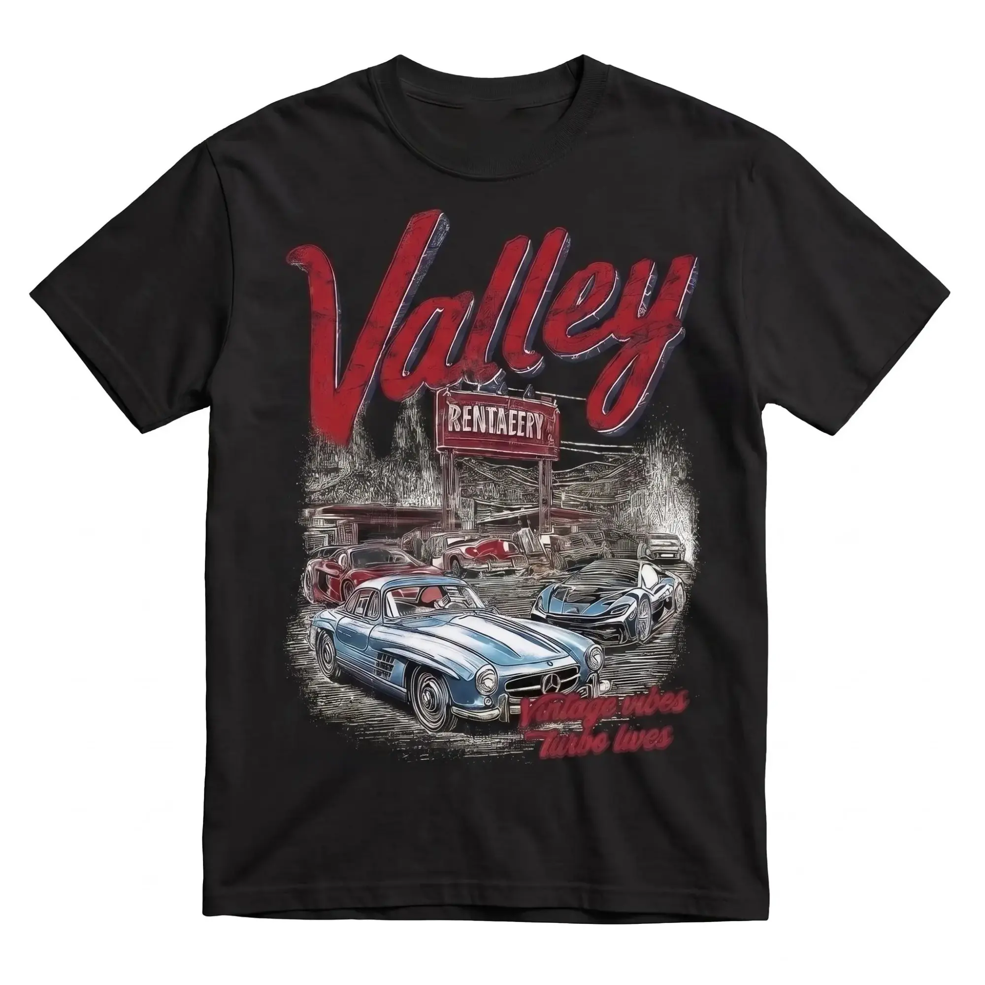 Men's Short-Sleeve Round Neck Streetwear Casual T-Shirt - Valley Car Pattern, Beading Accents, Summer Menswear Top, Back to School, Truck Lover Gift