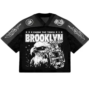 Black Cropped Mesh Football Jersey NYC Brooklyn Eagle Print V-Neck Chase Track Gothic Summer