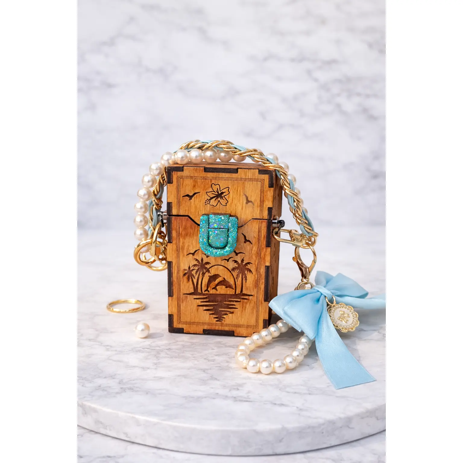 Mini Wooden Clip-On Bag | Engraved Dolphin Design | Pearl Handle | Customizable Add-On Purse