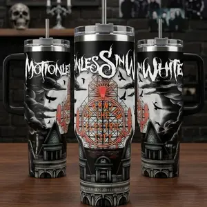 Motionless In White "Afraid Of The Dark" 40oz Tumbler with Handle | Gothic Horror Band Collage Custom Cup | 20oz Insulated Travel Mug | Alternative Metal Fan Gift | Cup Holder Friendly