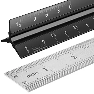 Architectural Scale Ruler Set, 2 Pack 12 Inch  Architect Ruler with Standard Metal Ruler, Imperial Architect Triangular Ruler with Etching for Architects, Engineers, Students and Draftsman