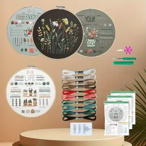 4 Sets Beginner Embroidery Kit, Embroidery Kit for Beginners Adults Easy Hand Embroidery with Tools Hoop Stamped Cloth Starter Cross Stitch Kits Needlepoint Craft Kits for Adults