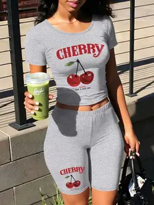 Personalized print patterns Two-Piece Set Women's Lip Print Short Sleeve Crop Top & Skinny Jumpsuit, Everyday Casual Fashion Cozy Round Neck Tee & Jumpsuit for Daily Outdoor Wear, Ladies Clothes for Spring, Overalls