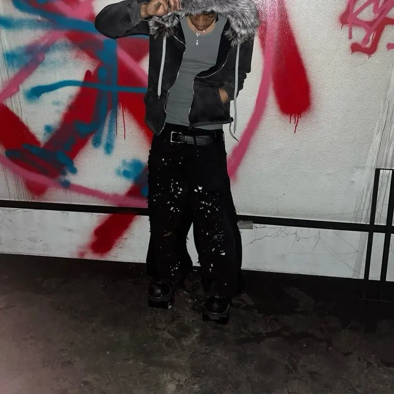 Baggy Raver Splat Paint Pants for Festival Wear - Trendy Black Cargo Style with Distressed Look