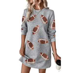 Gray Sequin Rugby Football Graphic Textured Long Sleeve Mini Dress for Game Day & Festive Events - Fabric, Casual