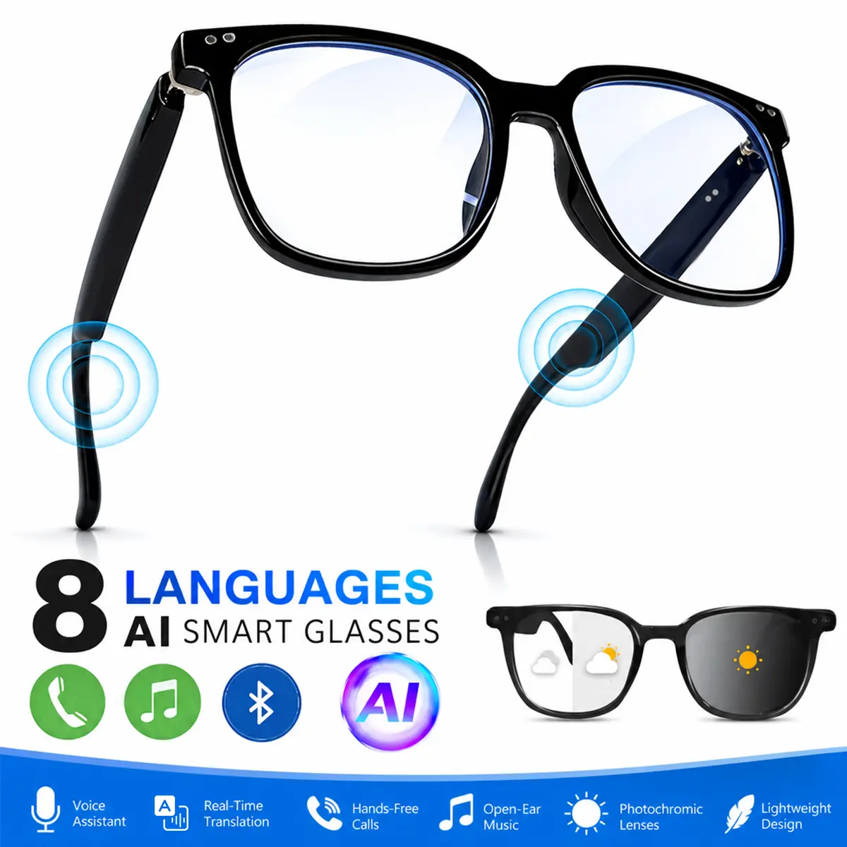 Smart glasses translation headphones TWS wireless smart device HIFI sound quality multi-function glasses BT5.4 black technology glasses unisex dual touch rechargeable long battery life can make phone calls sunglasses play music headphones