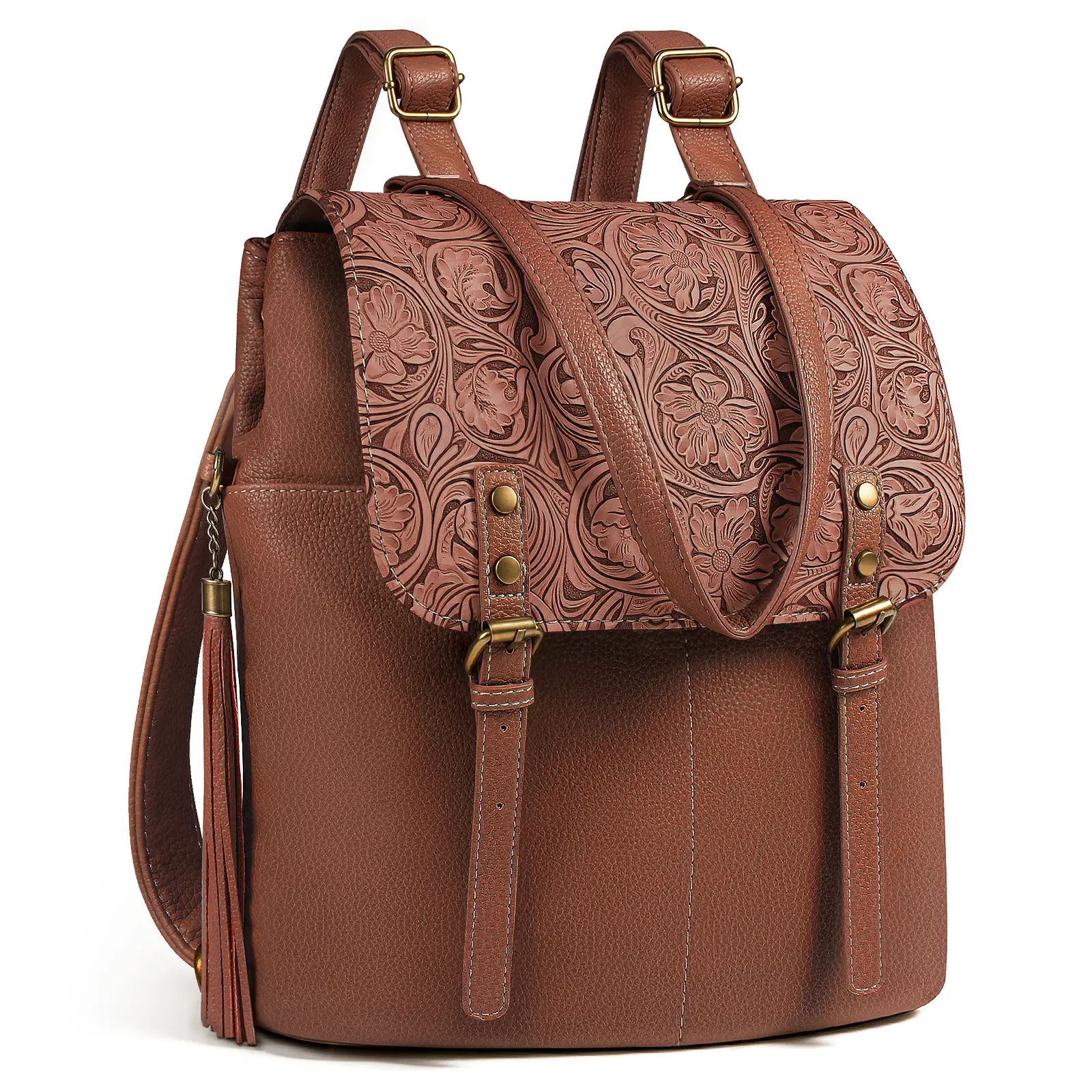 CHERUBELRETAIL Women's Vintage Embossed Floral Backpack - Soft Faux Leather Convertible Travel Organizer with Tassel Decor, Adjustable Shoulder Straps, Multi Pocket Crossbody Daypack, Daily Outdoor Compatible