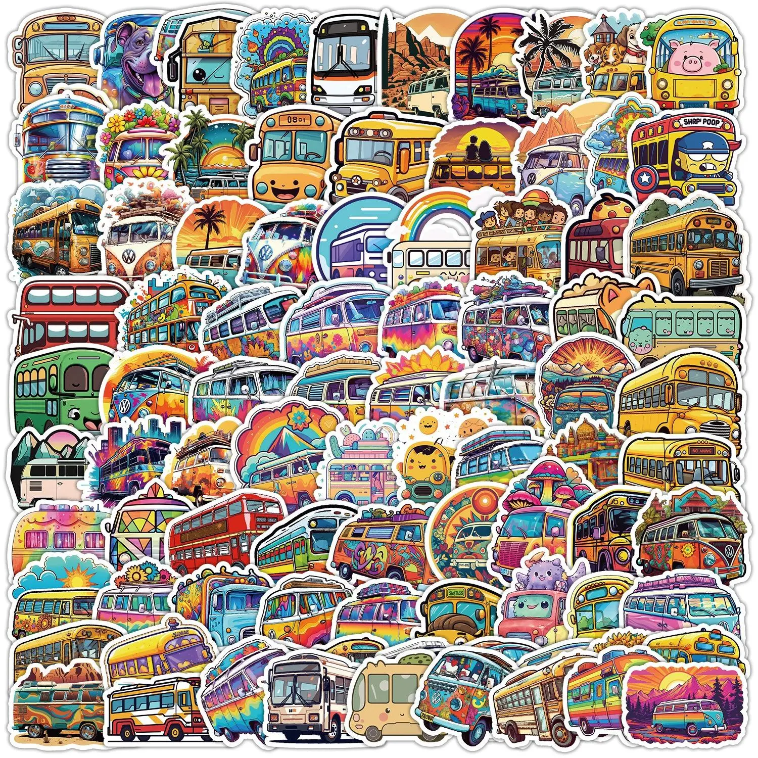 Colorful Bus Pattern Sticker, Cute Bus Decorative Sticker, Decorative Sticker for Scrapbook, Diary, Laptop, Water Bottle, Car