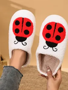 Fun Ladybug Plush Slippers, Lightweight Soft Teddy Fleece, Vibrant Ladybug Embroidery, Thick Lined Sole, Non-Slip, Winter Home Comfort