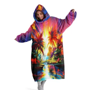 Hoodie blanket, wearable blanket, colorful coconut tree print hooded wearable blanket, digital printed flannel blanket, soft and warm blanket suitable for sofa cover, air conditioning blanket, nap blanket cover, office bed, camping trip, Gift Ready