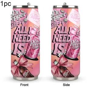 1pc 17oz "Dr Pepper Girly" Insulated Tumbler with Straw, Leak Resistant Tumbler, Stainless Steel, Pink Bow & Daisy Accent Soda Graphic, Double Wall Vacuum Insulation, Leakproof Lid, Gift for Soda Lovers, Keeps Drinks Cold for Hours
