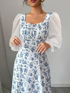 Women's Floral Print Frill Trim Dress, Boho Fashion Casual Long Sleeve Dress for Daily Holiday Vacation Wear, Women Dress for Summer, Casual Dresses, Bohemian Print Dresses, Boho Style Dresses
