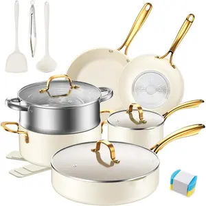 15-Piece Multi-Size Thickened Nonstick Ceramic Frying Pans & Steel Saucepan Pot Set with Lids, Induction Compatible, Oven Safe, Non-Toxic, PFOA & PTFE Free, Gold White Kitchenware Set