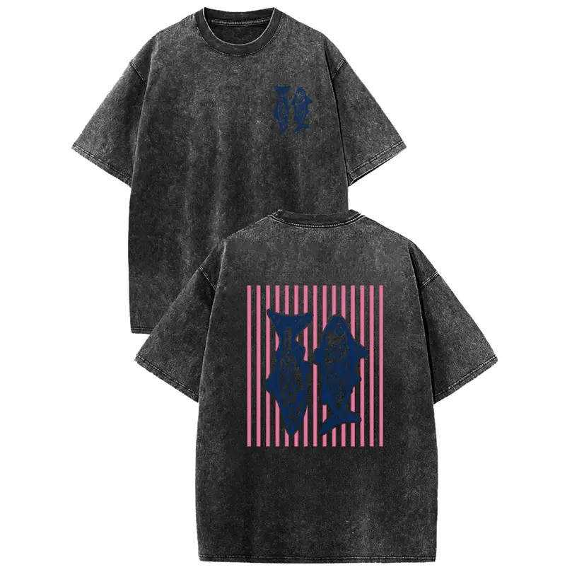 Men's Heavyweight Cotton Crewneck Streetwear T-Shirt - Retro Wash Pink Striped, Dual-Side Fish Graphic Printed, Unisex Casual Summervibes Basic Top