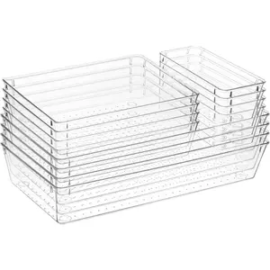 12 count Clear Plastic Drawer Storage Organizer, 12"x 6"x2", 9"x6"x2", 6"x3"x2", Kitchen Bathroom Fridge Utensil  Drawer Organizers Makeup Storage Organizer Drawers Trays for Organization Office