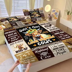 3-Piece Funny Highland Cow Print Fitted Sheet Set, 1 Fitted Sheet + 2 Pillowcases, Soft Breathable Fabric, Non-Slip Mattress Cover, Easy Care Bedding, Great for Kids Room, Farm Bedroom Present