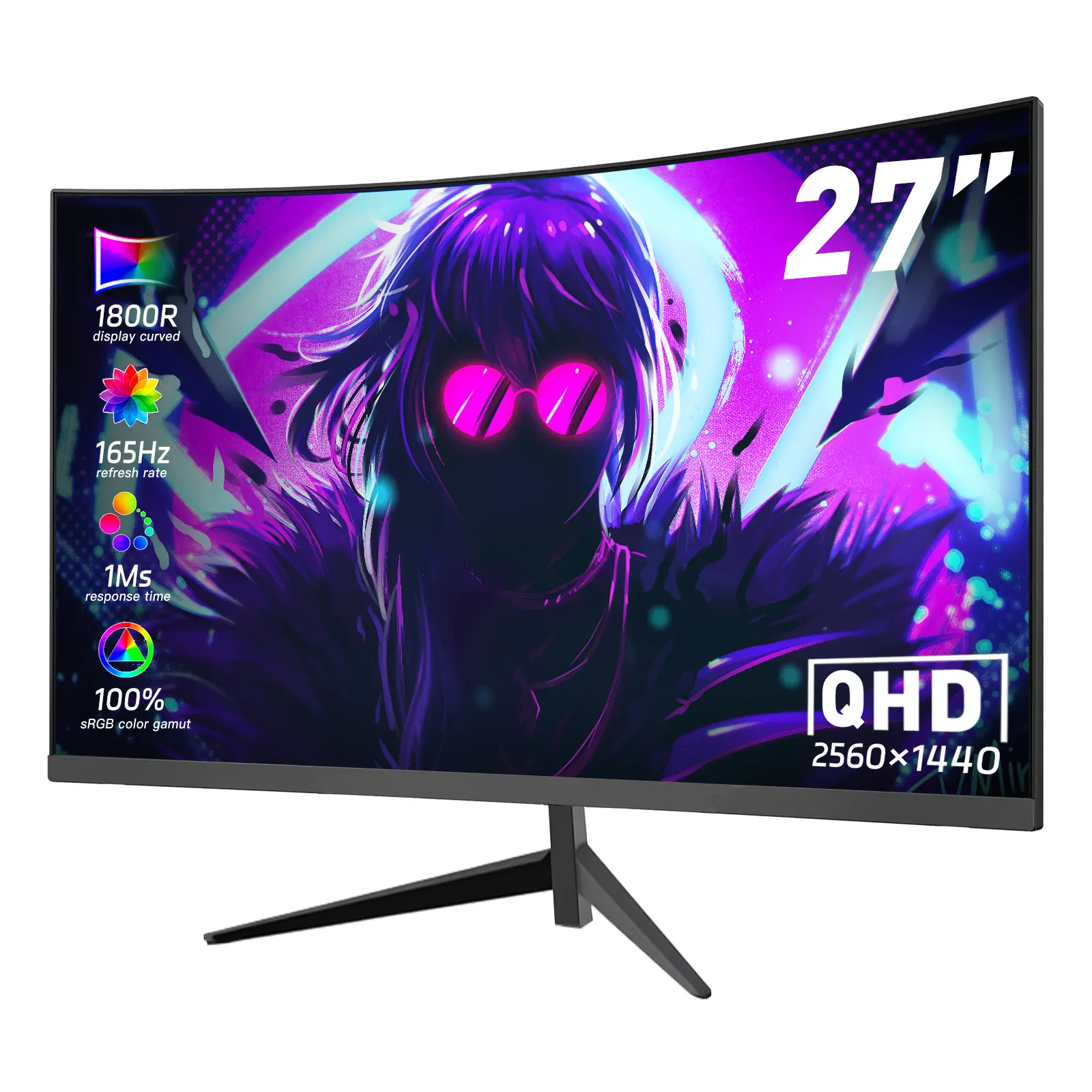 27 Inch Curved QHD 2K Gaming Monitor 165Hz 1ms, AMD FreeSync, Frameless, Eye Care, Speakers, HDMI DP for PC Gaming & Esports