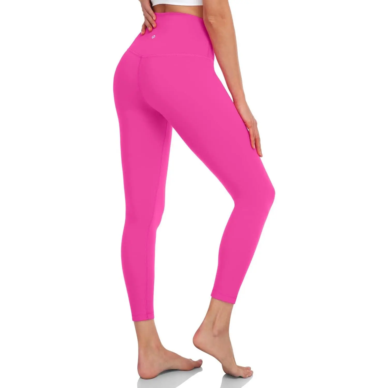 High-Waisted 7/8 Nylon-Blend Compression Athletic Pants - 25" Soft Contoured Fit, Invisible Waistband Pocket, 30% Spandex, Seamless Pure&Plain Legs for Yoga Workouts