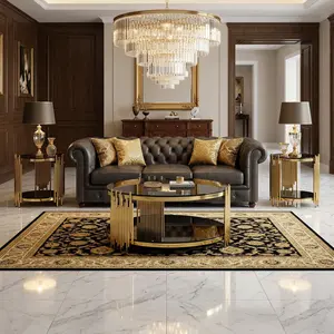 3 Pieces Modern Luxury Living Room Table set, Round Home Accent Set Including 1 Central Coffee Table& 2 Circular Corner Stands, Sleek Black Tempered Glass Surface & Shiny Gold Stainless Steel Support Frame, Stylish Sofa Furnishing for Living Space