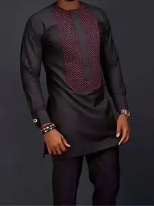 2026 Men's Ethnic Print 2-Piece Set, Long Sleeve Split Side Top with Drawstring Waist Pants, Regular Fit Cultural Outfit, essential men top, smart casual men, daily men wear, men tops, mens shirts